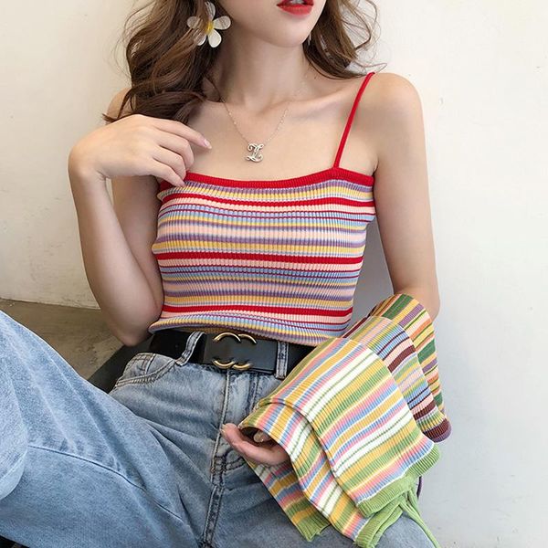 women's tanks & camis women short summer rainbow striped knitted basic shirt vest ins street sleeveless suspender outwear vintage trav, White